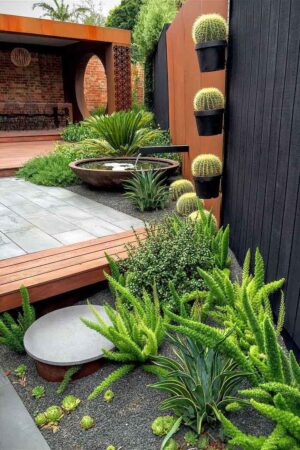 Modern courtyard with corten steel pergola, water feature, succulent gardens and timber decking in Brighton East