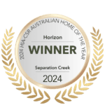 Gold award badge for 2024 HIA-CSR Australian Home of the Year winner, Horizon at Separation Creek, framed by laurel wreath graphics.
