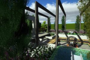 Modern concrete pergola frames garden spaces with water feature and sculptural elements in award-winning Nagasaki garden