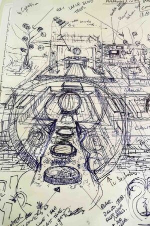Hand-drawn design sketch showing circular moon gate garden layout with annotations for Mandala Moon Gate Garden, Nagasaki