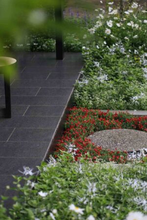 Large granite boulder surrounded by red flowering plants and white daisies in award-winning Mandala Moon Gate Garden, Nagasaki