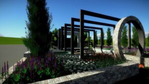 Stone circular moon gate with black steel pergola frames and purple flower plantings at Nagasaki Gardening World Cup