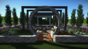 Stone circular moon gate with rectangular frame and colorful flower borders at Mandala Garden, Nagasaki Japan