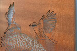 Custom corten steel bird artwork with detailed wing patterns installed in modern native garden design, Buninyong Victoria