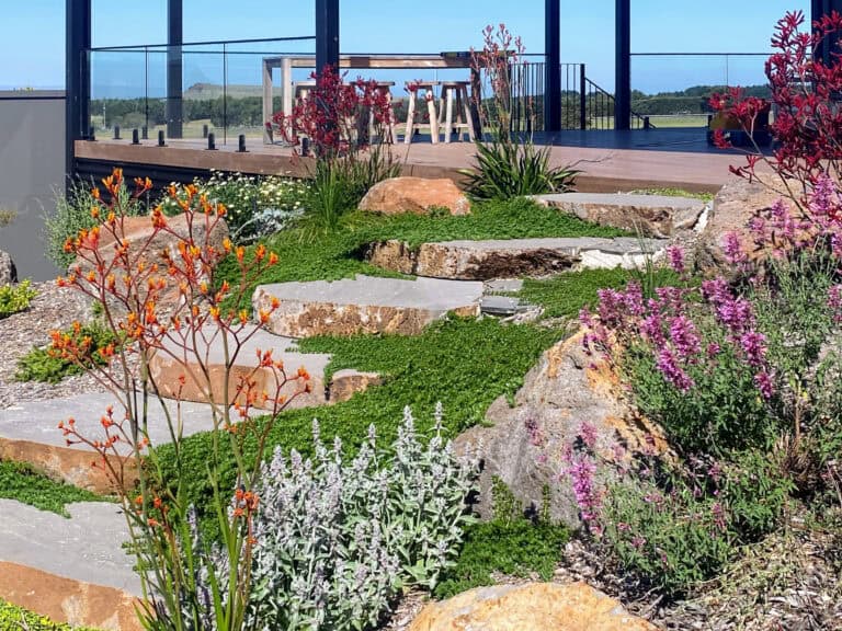 Curved basalt stone pathway winding through perennial planting and lawn at Gisborne residence.