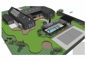 3D aerial render showing complete landscape design for The Block Daylesford House 5 with pickleball court and pool area