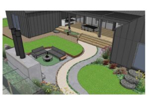3D design render showing modern backyard with curved lawns, fireplace, outdoor seating and timber deck at Daylesford