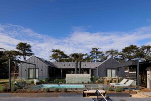 Modern backyard with swimming pool, pickleball court, outdoor fireplace and mature bottle tree at Daylesford House 5