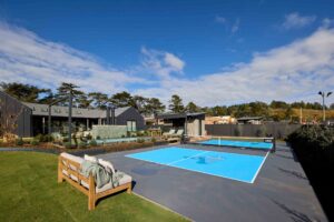 Blue pickleball court with net, timber bench seating, and large mature Bottle Tree in modern landscape garden at Daylesford