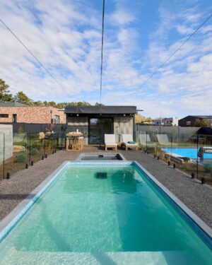 Modern pool house pavilion with spa and outdoor furniture at Daylesford House 5 from The Block reality TV show