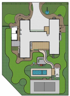 Aerial landscape design plan showing pool, pickleball court and garden layout for Daylesford House 5 from The Block