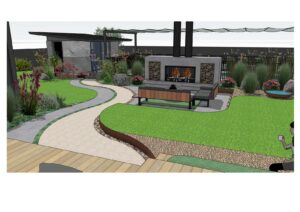 Modern outdoor fireplace with wood storage flanked by curved lawn areas and native plantings at Daylesford House 5
