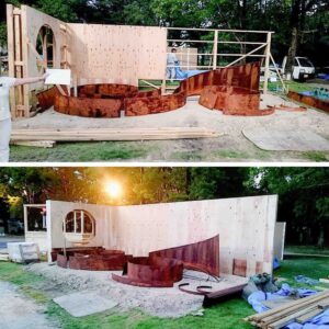 Construction progress showing curved timber formwork and framing for award-winning Wattlebird Garden in Nagasaki, Japan