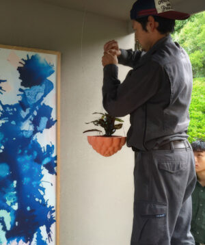 Visitors gathering for tea ceremony at We Heart Melbourne balcony garden exhibition in Nagasaki, Japan 2015