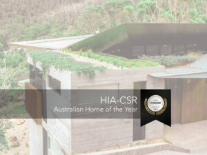 Horizon at Separation Creek overlooking the Southern Ocean with corten steel terraces and award badge for 2024 HIA-CSR Australian Home of the Year.