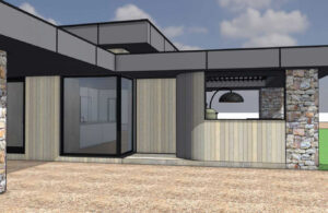 3D architectural render showing contemporary home with stone walls and timber cladding at Mount Sturgeon, Dunkeld