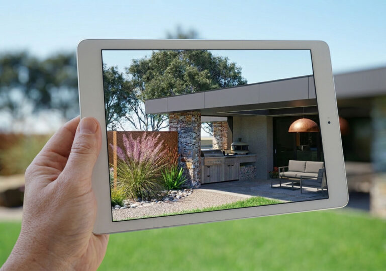 Tablet showing augmented reality view of contemporary native garden design at Mount Sturgeon, Grampians