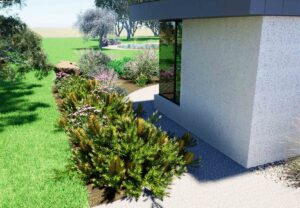 Modern home with curved concrete walls and native plantings at Mount Sturgeon, Grampians, featuring mounded garden beds