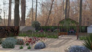 Curved metal arbour frames gravel pathway through native plantings with embedded boulders in Dunkeld Grampians garden