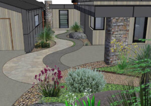 3D landscape design render showing curved pathways and native plantings for contemporary garden at Mount Sturgeon, Dunkeld