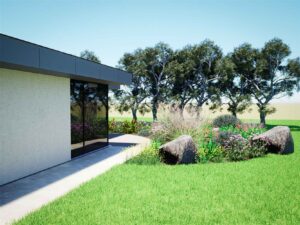 Contemporary home entrance with curved native garden beds and embedded boulders at Mount Sturgeon, Dunkeld