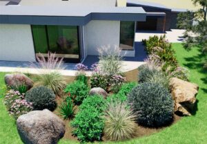 Contemporary native garden with mounded planting beds, sculptural boulders and modern house at Mount Sturgeon, Dunkeld