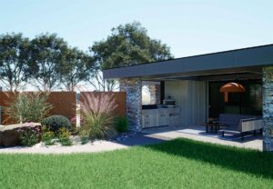 Modern outdoor kitchen pavilion with stone columns and copper pendant lighting at Mount Sturgeon, Dunkeld