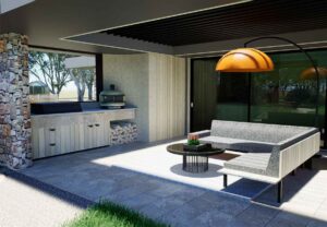 Modern outdoor kitchen and lounge area with pizza oven under pergola at Mount Sturgeon Grampians native garden project