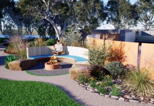 Sunken firepit with curved bench seating surrounded by native grasses and boulders at Mount Sturgeon Dunkeld project