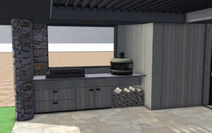 Outdoor kitchen with wood fired pizza oven and barbecue area in contemporary native garden at Mount Sturgeon, Dunkeld
