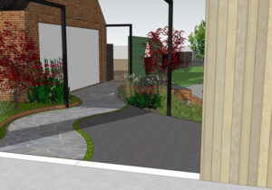 Black steel pergola framing curved pathway entrance with native plantings and timber fence at Mount Buninyong garden