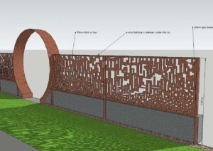 Laser-cut corten steel privacy screen with integrated strip lighting and concrete base showing geometric pattern cutouts