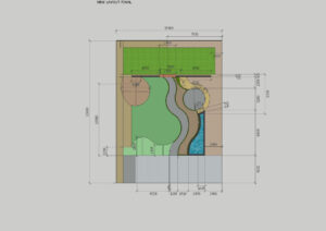 Top-down landscape design plan showing curved pool, pathways, and planted areas with detailed measurements