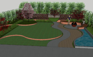 3D landscape design render showing curved pathways, circular lawn areas, pool, and plantings in a residential garden