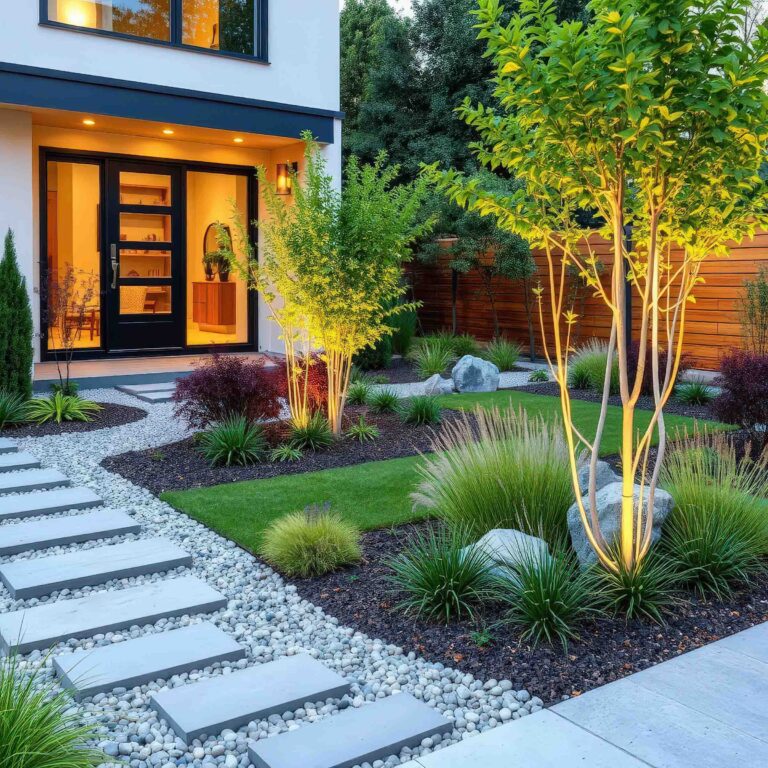 Modern front garden with concrete stepping stones through gravel, native plantings, and uplighting on trees leading to contemporary home