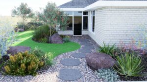 Modern front garden featuring curved exposed aggregate pathway through planted beds with large boulders and native grasses