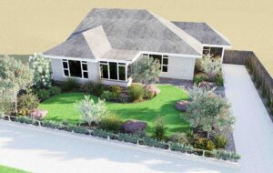 Aerial view of modern front garden with curved exposed aggregate driveway, native plantings, and contemporary single-story home