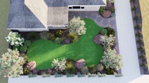 Aerial view of curved artificial lawn surrounded by native plantings, natural stone boulders, and gravel mulch in contemporary garden