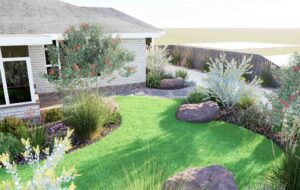 Curved green lawn surrounded by native plantings, ornamental grasses, and natural stone boulders in modern Australian garden