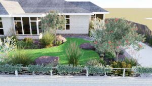 3D landscape design render showing native plantings, lawn areas, and natural stone features around modern home