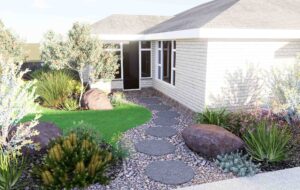 Contemporary front garden with circular lawn, native plantings, stepping stone path, and large boulders leading to brick home entrance