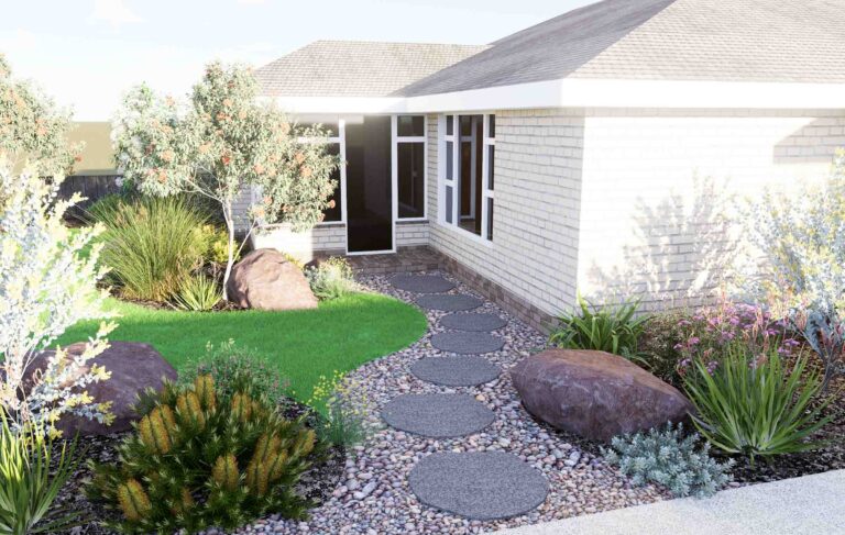 Contemporary front garden with circular lawn, native plantings, stepping stone path, and large boulders leading to brick home entrance