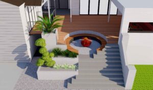 Aerial view of circular swimming pool with curved timber decking, corten steel edging, and native plantings in contemporary courtyard