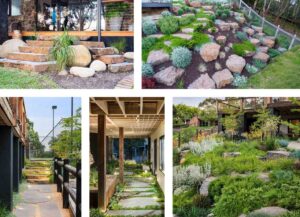 Large natural stone boulders arranged with native plants and grasses in contemporary garden design