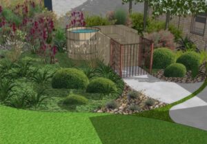 3D landscape design render showing circular pool with corten steel fencing, curved paths, and native plantings in rounded garden beds