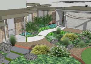 3D render showing modern courtyard with curved pathways, native plantings, glass walls and mixed materials including stone and timber