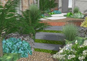 Contemporary garden with curved stone steps, tropical plantings, and modern architectural elements in Ballarat landscape design
