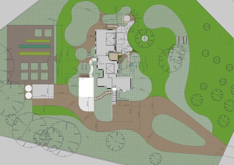 Top-down landscape design plan showing curved pathways, circular features, native plantings and outdoor living areas