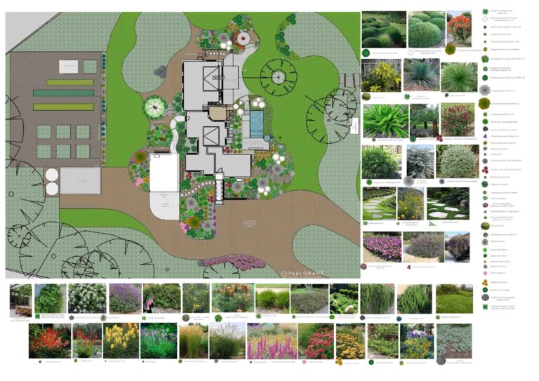 Detailed landscape design plan showing house layout, circular garden features, plant selection palette, and material specifications