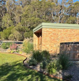 Modern brick home with curved native garden beds featuring ornamental grasses and drought-tolerant plants in regional Victoria